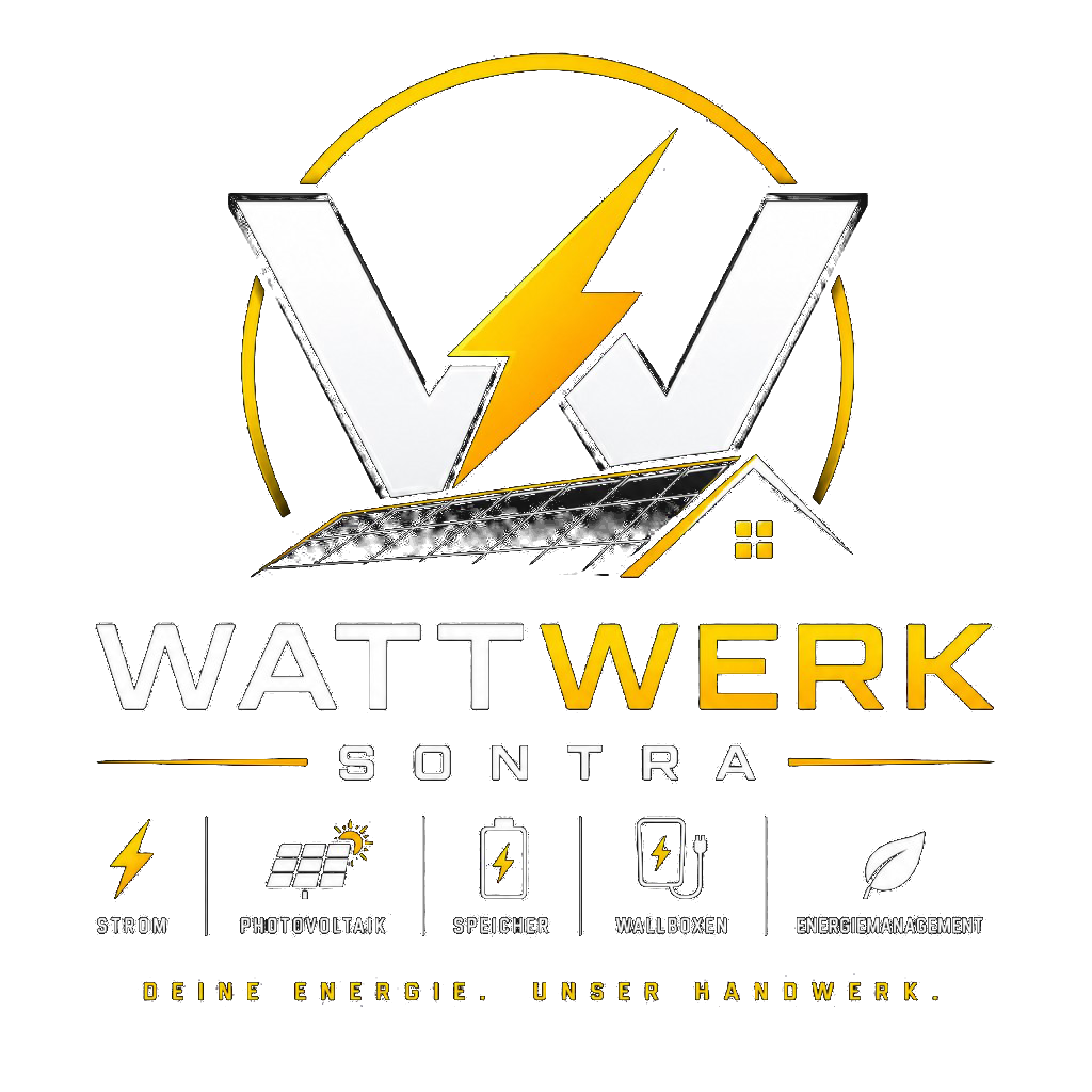 Logo Wattwerk Sontra: W mit Blitz, Solarhaus und den Bereichen Strom, Photovoltaik, Speicher, Energiemanagement